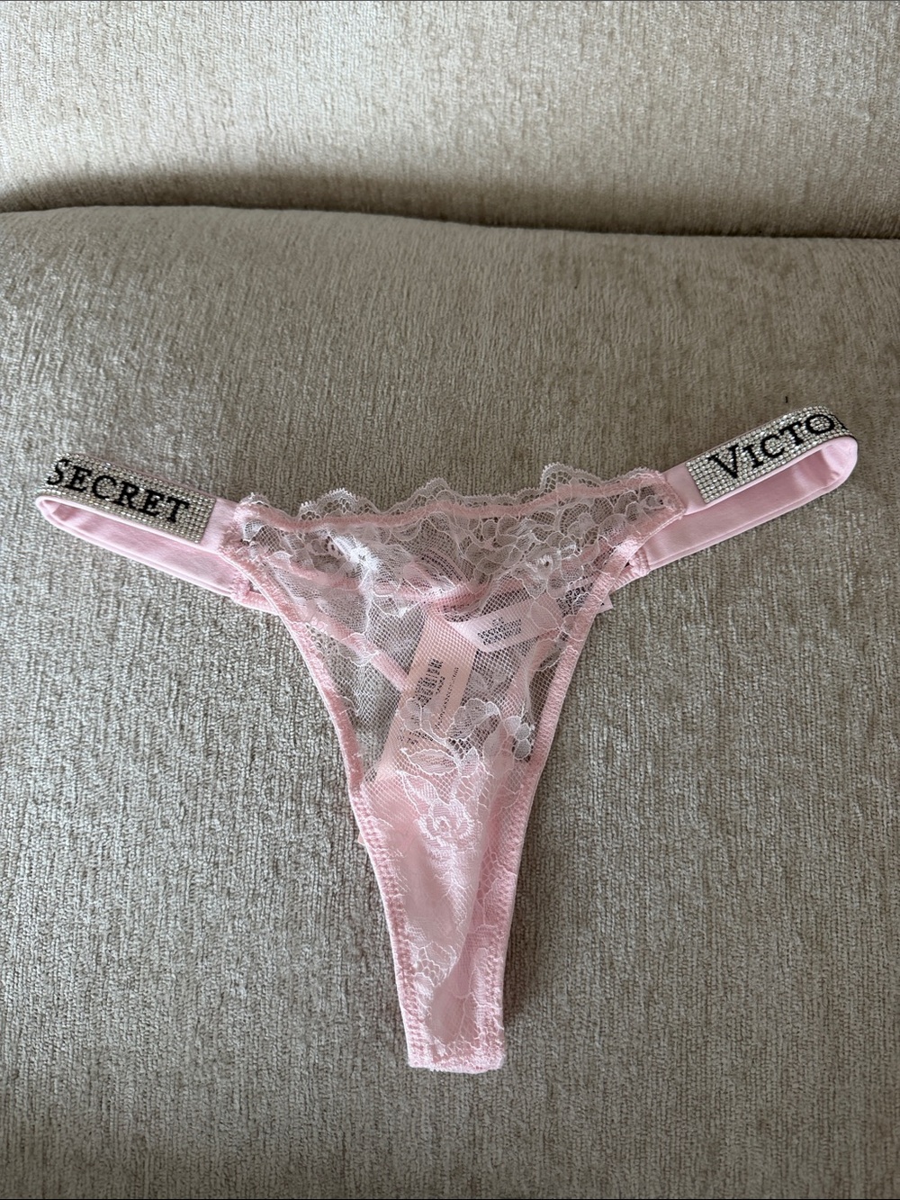 Victoria's Secret Light Pink Lace Thong with Embellished Elastic